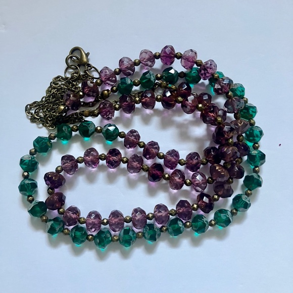 Purple and Green Faceted Czech Glass Beaded Layered Necklace Brass Accents - Picture 10 of 12